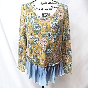 Anthro Lilka BoHo Blue Ruffle Hem Floral Top Sz M